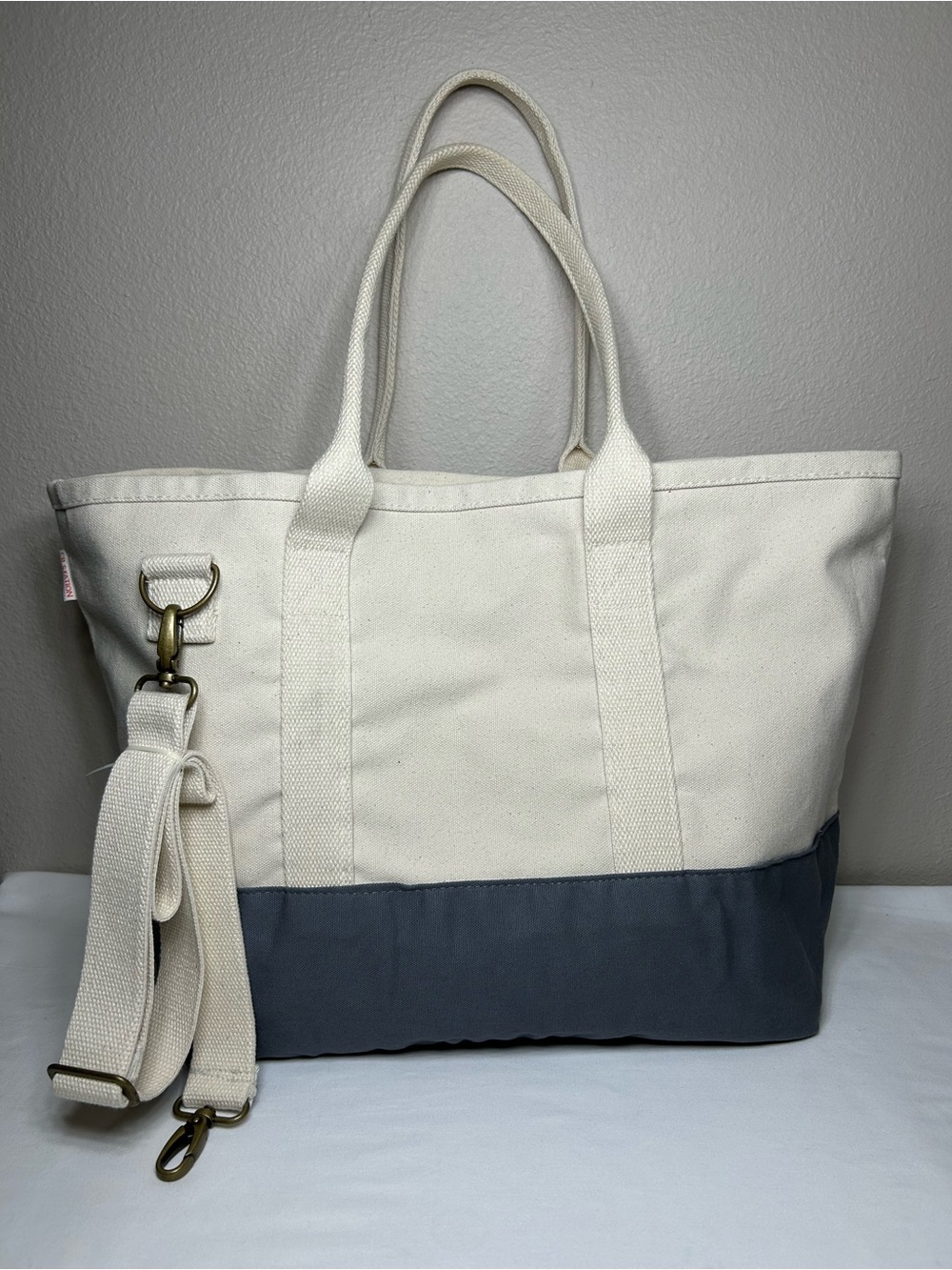 CB STATION Heavy Duty Canvas Two-Tone Cream Gray Utility Tote Bag Weekender - Picture 2 of 16